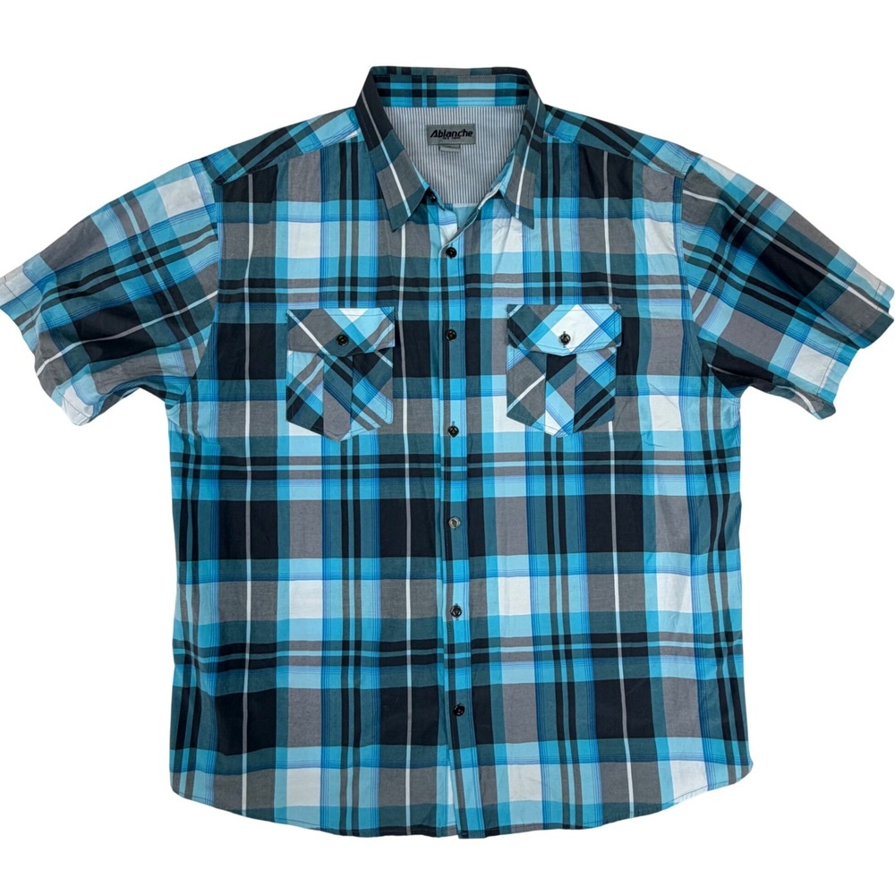 Ablanche New York Men's 3XL Blue Plaid Shirt Short Sleeve Button Up Urban Y2K